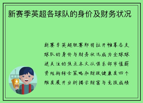 新赛季英超各球队的身价及财务状况